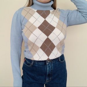 Vintage Liz & Co. Blue & Brown Preppy Argyle Turtleneck Sweater